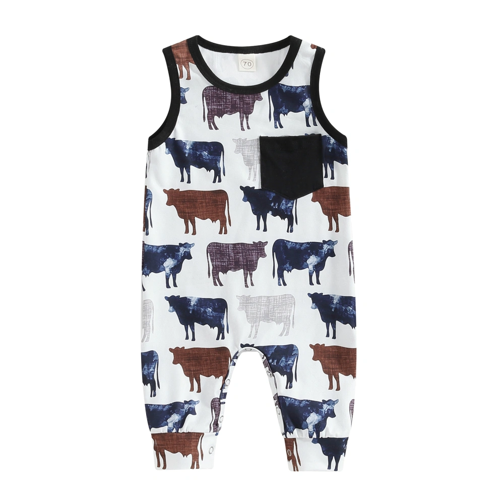 Baby Western Clothes, Sleeveless Cow Print Footless Jumpsuit Playsuit