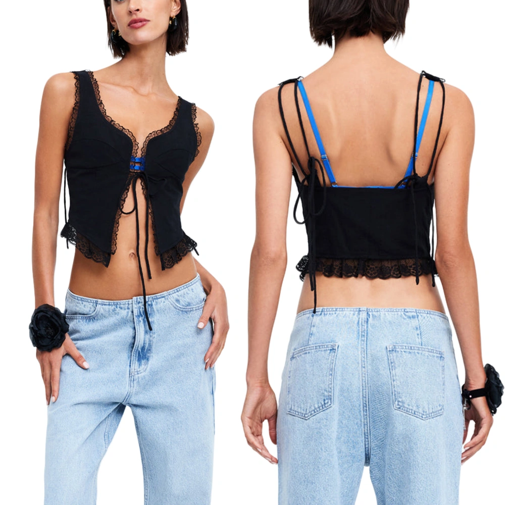 Women Lace Trim Tank Tops, Sleeveless Tie-up Front Slim Fit Crop Tops