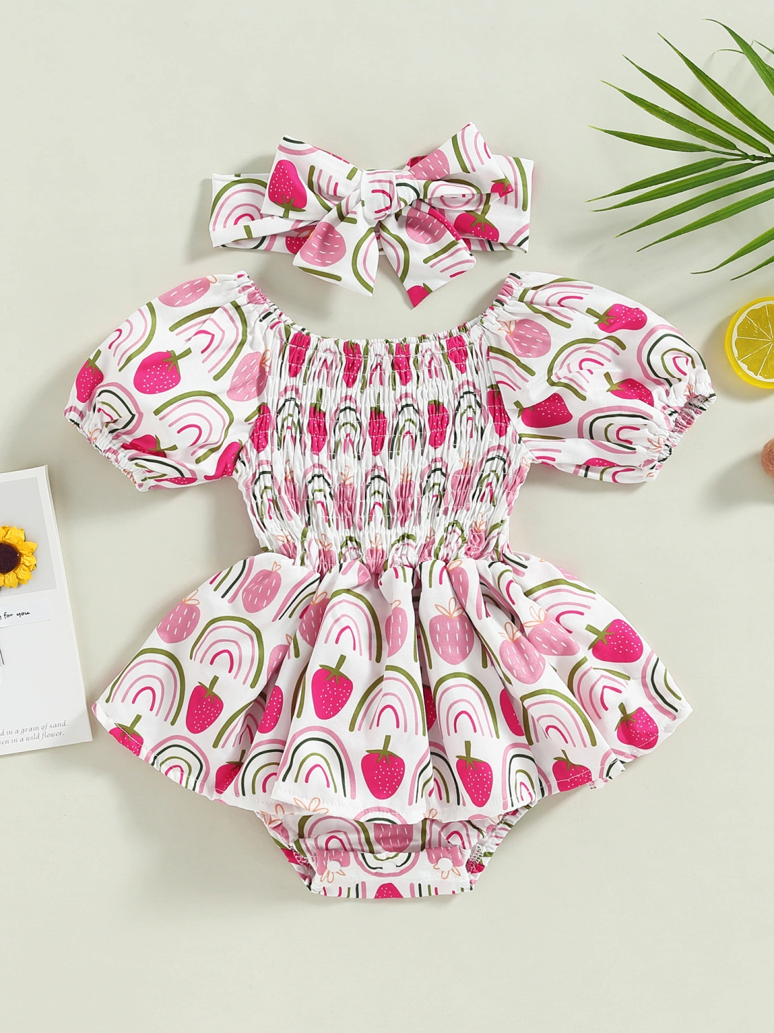Baby Girl Summer Outfits, Off Shoulder Strawberry Romper with Headband