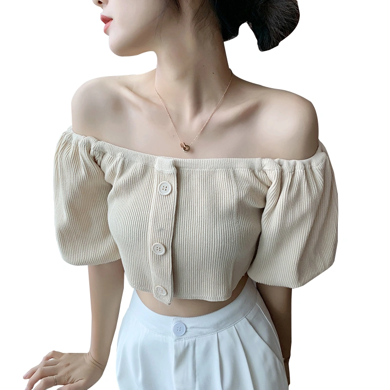 Women Solid Color Pullover, Off-the-shoulder Half Sleeve Crop Tops