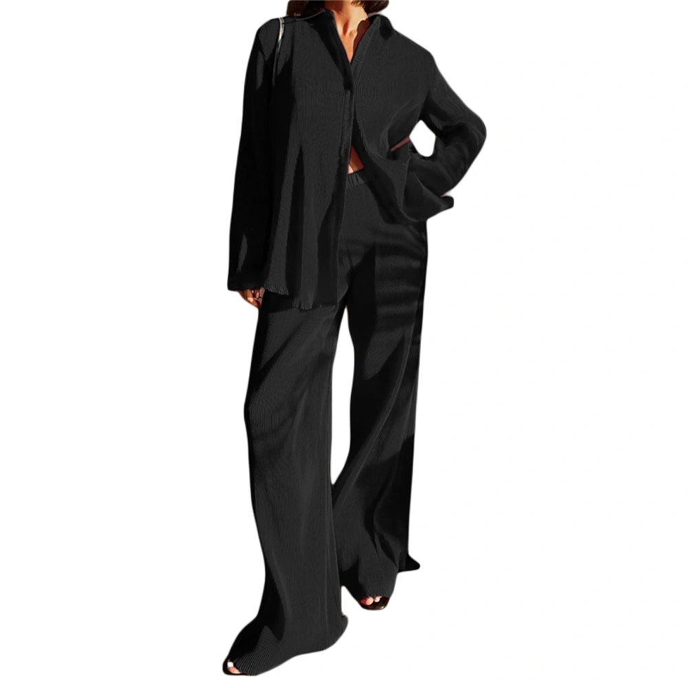 Women 2Pcs Pajamas Suit, Lapel Long Sleeve Shirt + Loose Fit Trousers