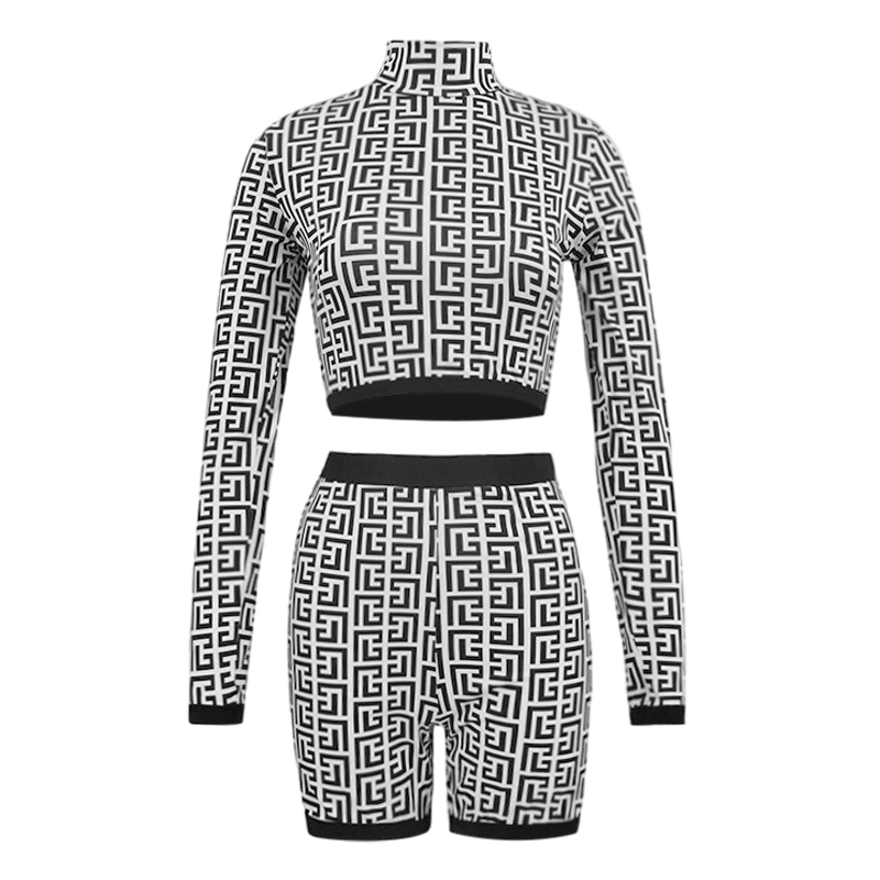 Women Shorts Set, Meander Print Turtleneck Crop Top + Shorts