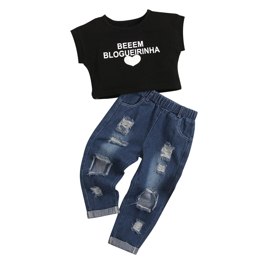 Girls Letters and Heart Print T-shirt and Elastic Waist Ripped Jeans