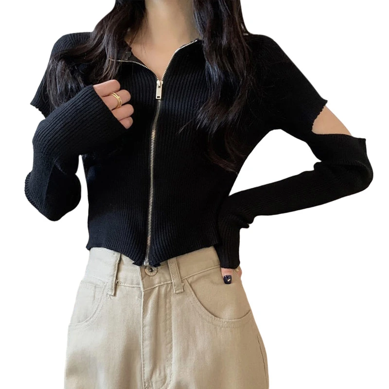 Women's Zip Up Tops, Cutout Long Sleeve Solid Color Rib Knit T-Shirt