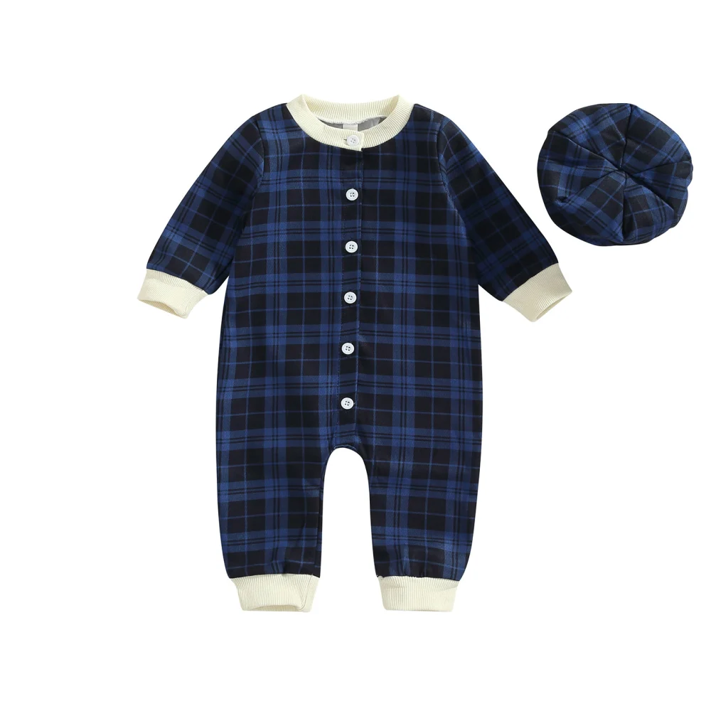 Baby 2Pcs Fall Outfits, Plaid Button Down Jumpsuit + Beanie Hat Set