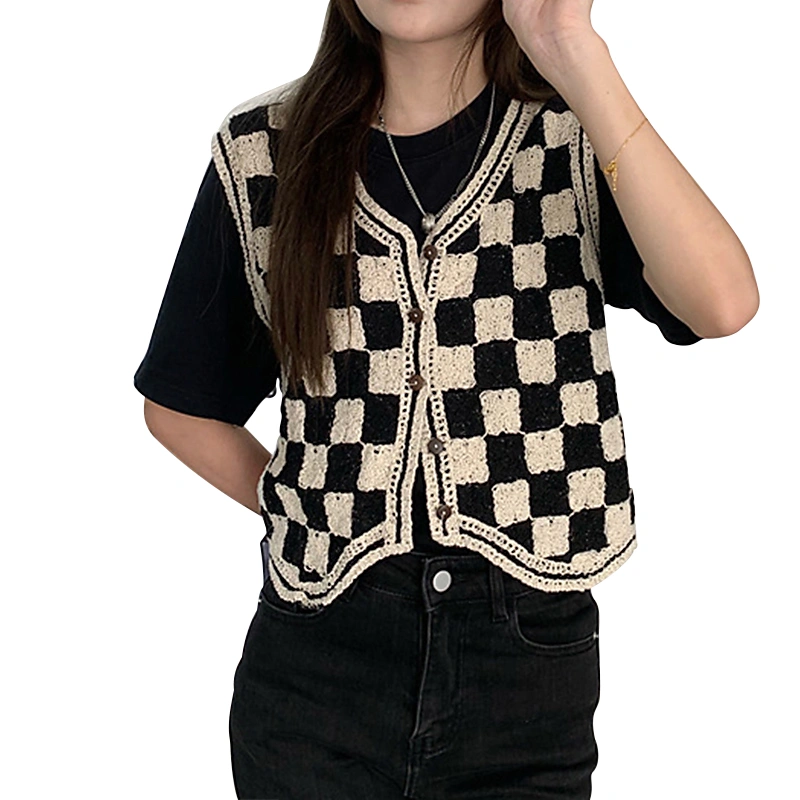 Women’s Contrast Color Plaid V-neck Sleeveless Knitted Cardigan