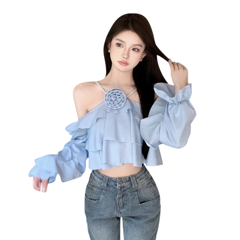 Women Long Sleeve Short Blouses Rhinestone Strap Off Shoulder Shirts