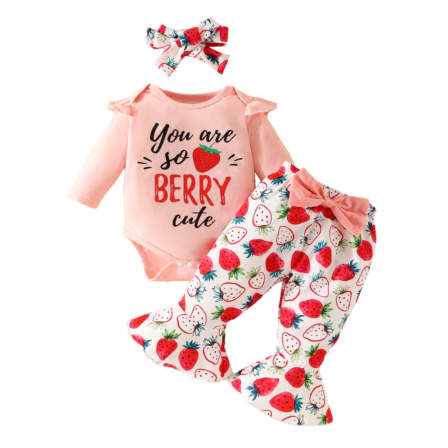 Baby Girl Fall Outfits Romper + Strawberry Pants + Headband Set