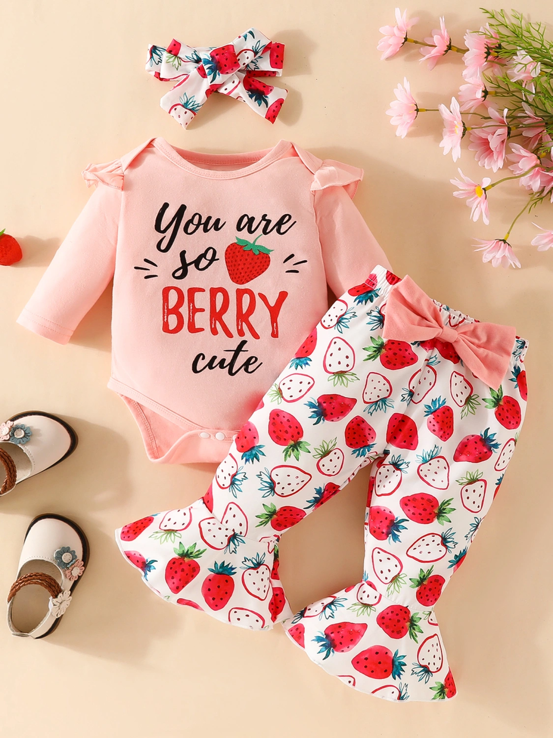 Baby Girl Fall Outfits Romper + Strawberry Pants + Headband Set