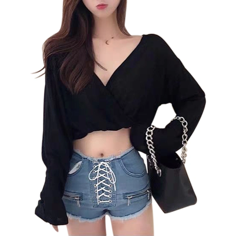 Women Crop Tops, Backless Solid Color Long Sleeve V-neck T-shirt