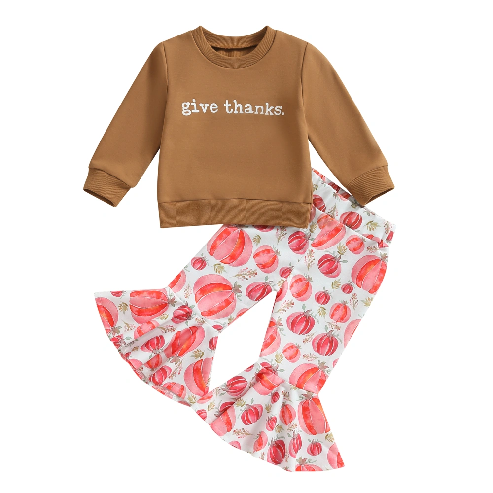 Girls Pants Set, Letters Print Sweatshirt Pumpkin Print Flare Pants