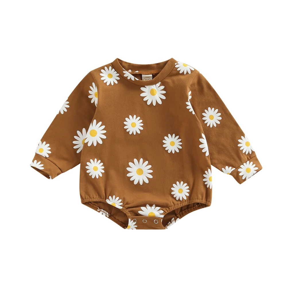 Infant Girl Long Sleeve Romper with Daisy Print, Crew Neck Clothing