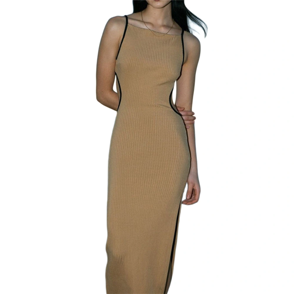 Women Dress Sling Cut-out Open Back Tie-up Contrast Color Skinny Dress