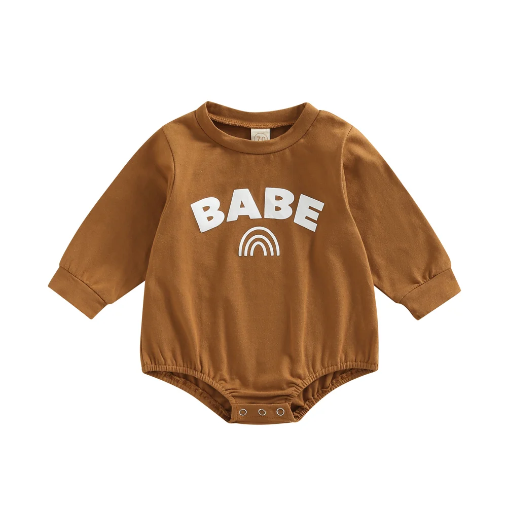 Baby’s Fashion Letter Rainbow Printed Round Neck Long Sleeve Romper