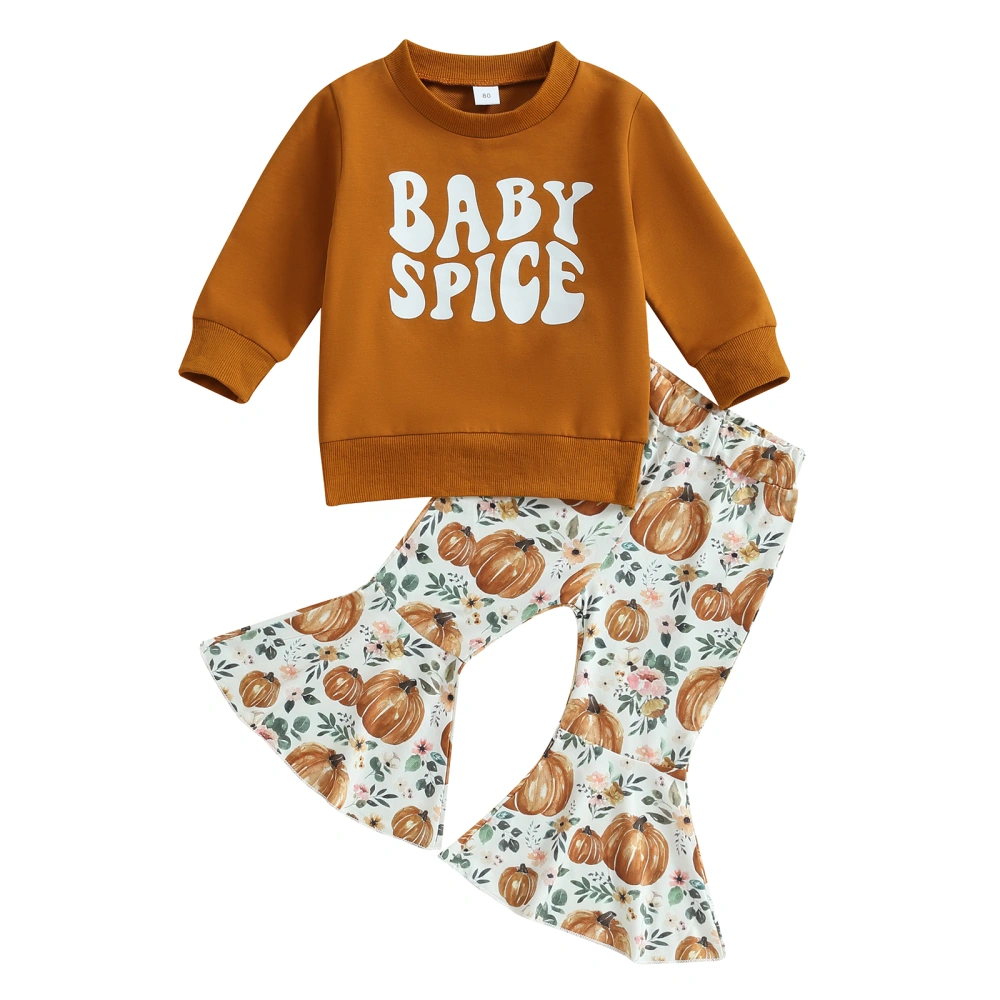 Girls Halloween Pants Set, Letters Sweatshirt Pumpkin Flower Pants