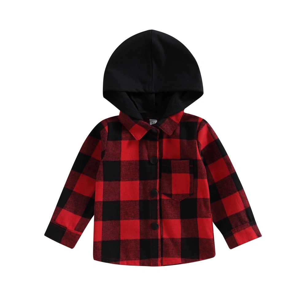 Baby Boys Button Down Plaid Long Sleeve Hooded Shirt for Autumn