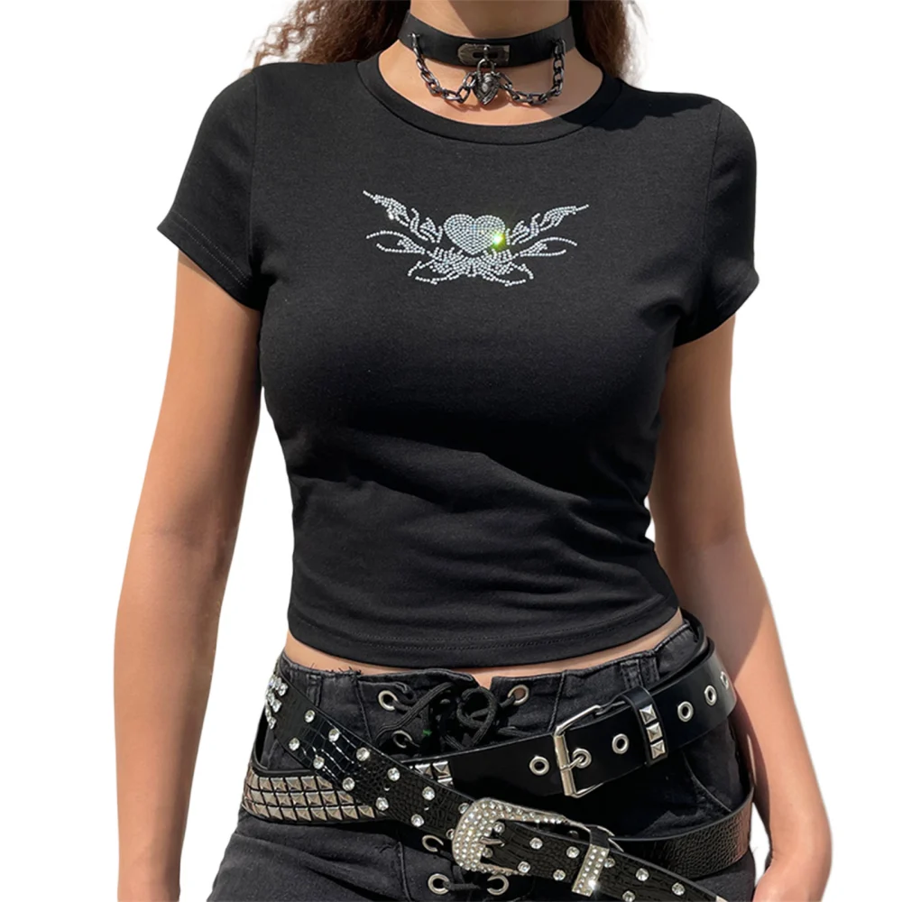 Ladies Midriff-baring Tops, Round Collar Short Sleeve Slim T-shirt