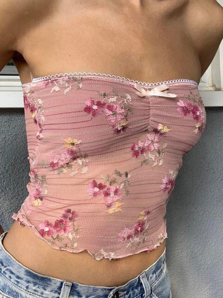 Women Tube Tops Bandeau Flower Embroidery Wrap Chest Tank Tops