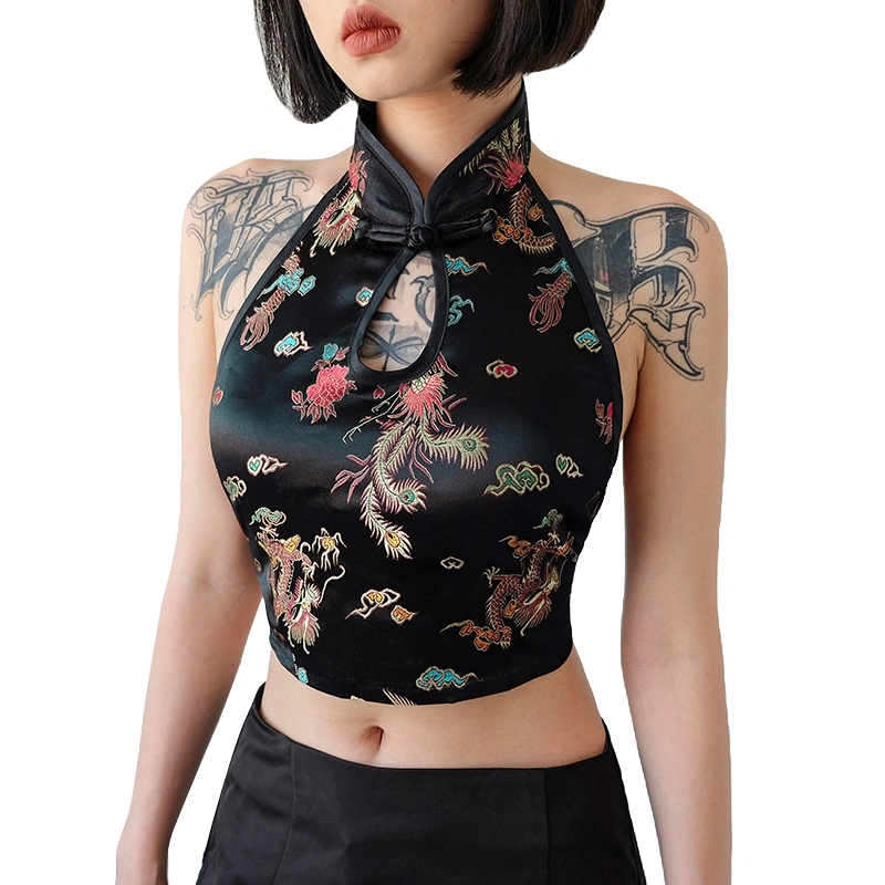 Women Halter Sleeveless Backless Dragon Embroidery Keyhole Camisole