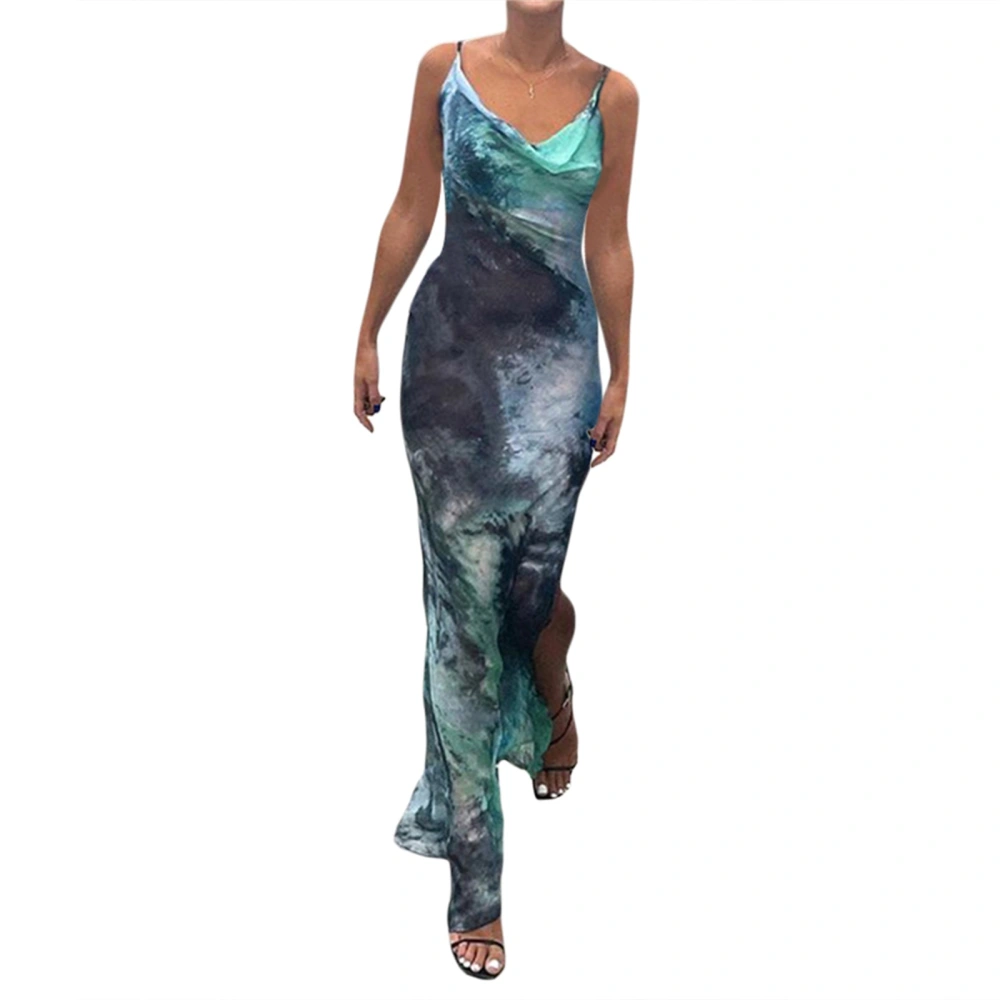 Women Long Bodycon Dress Tie-Dye Print V-Neck Sleeveless Sling Dress