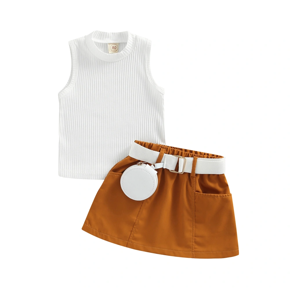 Girl Summer Outfits Set, Ribbed Solid Color Tops Skirt with Waist Bag