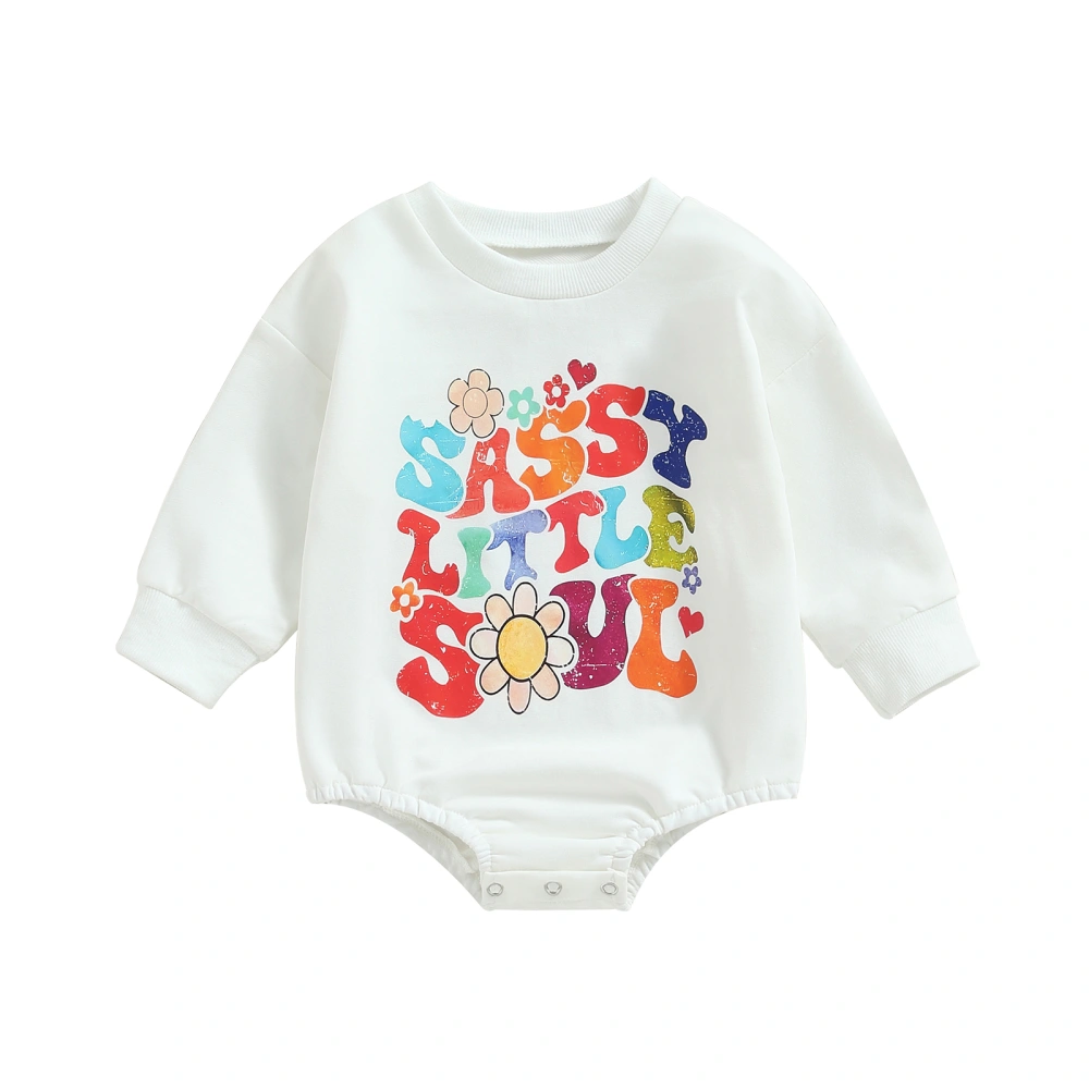 Baby Girls Romper, Long Sleeve Crew Neck Letters Flower Print Bodysuit