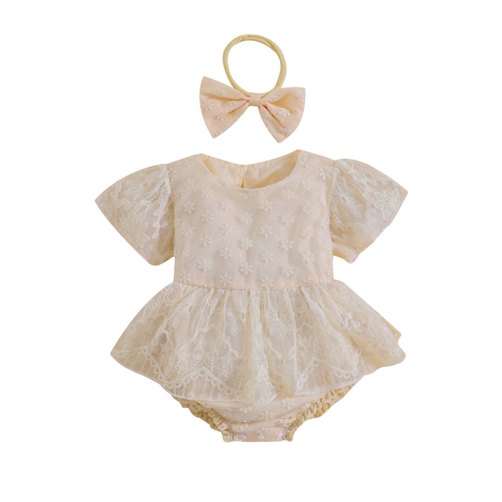 Infant Romper Dress Floral Lace Embroidery Bodysuits with Headband