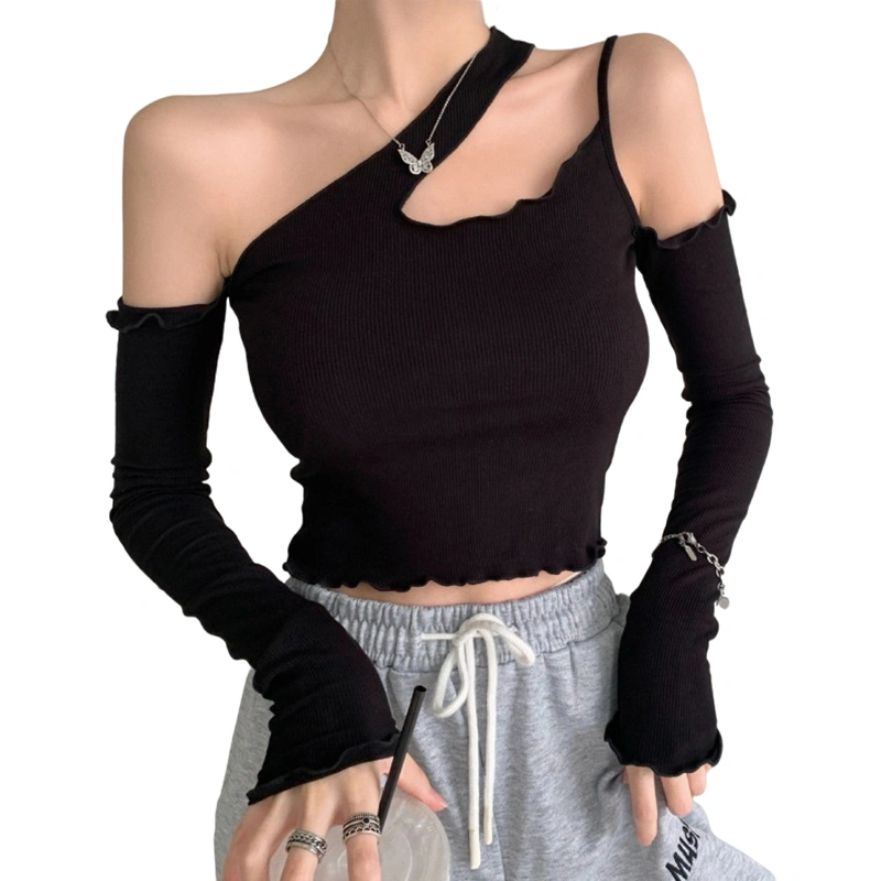 Women's Cold Shoulder Crop Tops, Long Sleeve Cut Out Strap T-Shirts