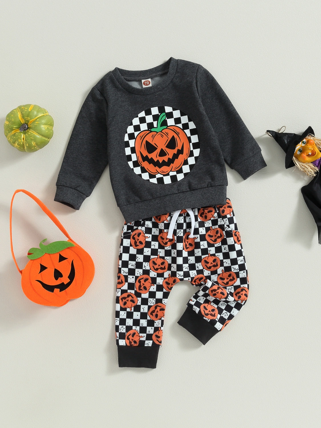 Baby Boy 2 Piece Outfits Halloween Pumpkin Print Sweatshirt and Pants