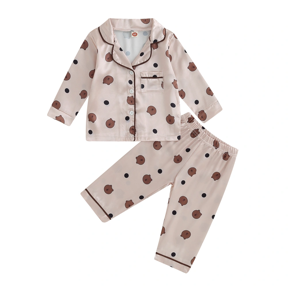 Girls Satin Pajamas Cute Bear Print Button up Shirt and Elastic Pants 