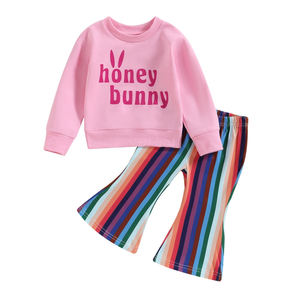 Kid Girls Pants Set, Letters Print Sweatshirt + Striped Flare Pants