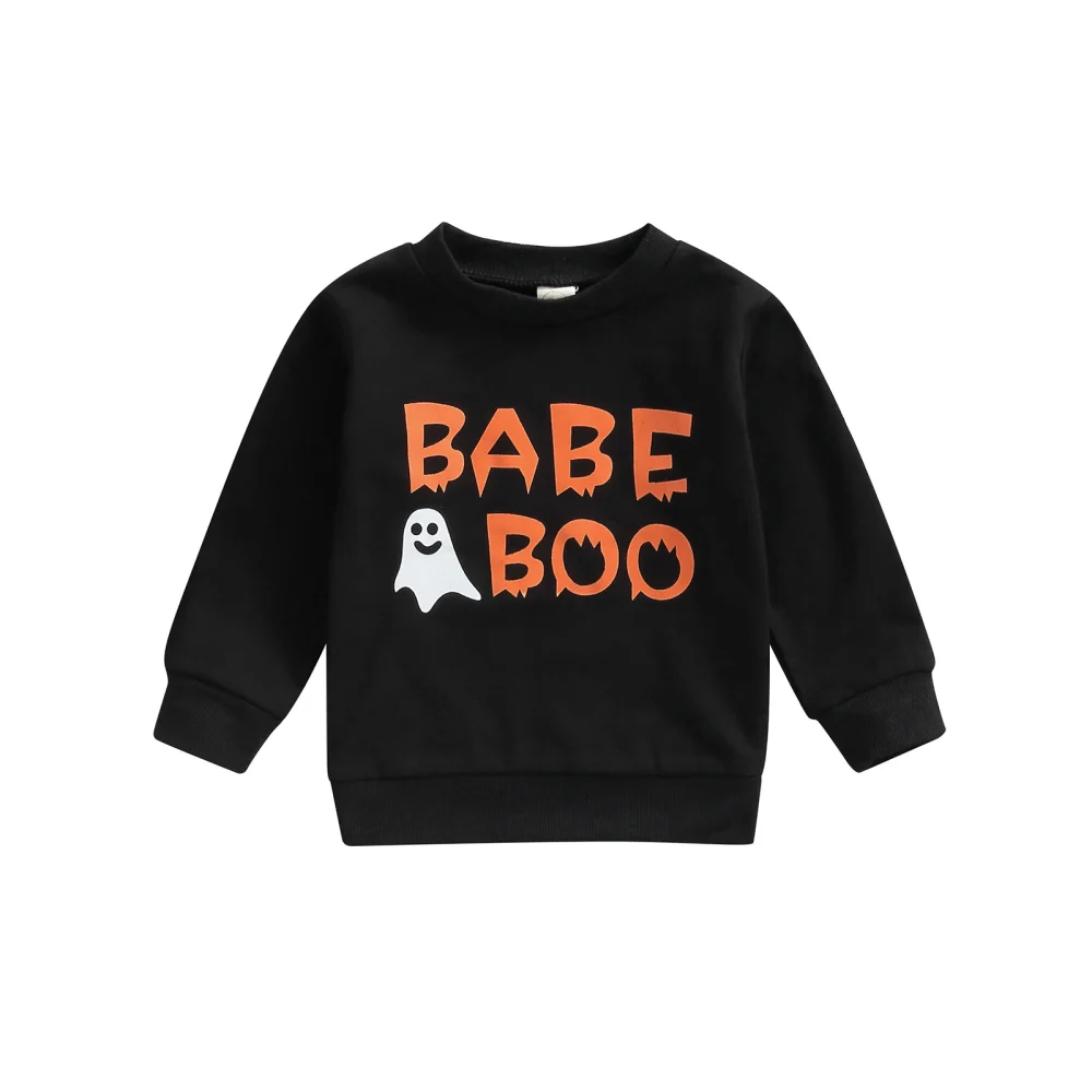 Kids Halloween Long Sleeve Pullover, Ghost Letters Printed O-Neck Tops