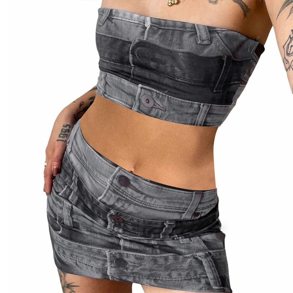 Women Summer 2-Piece Outfits 3D Denim Print Bandeau and Mini Skirt