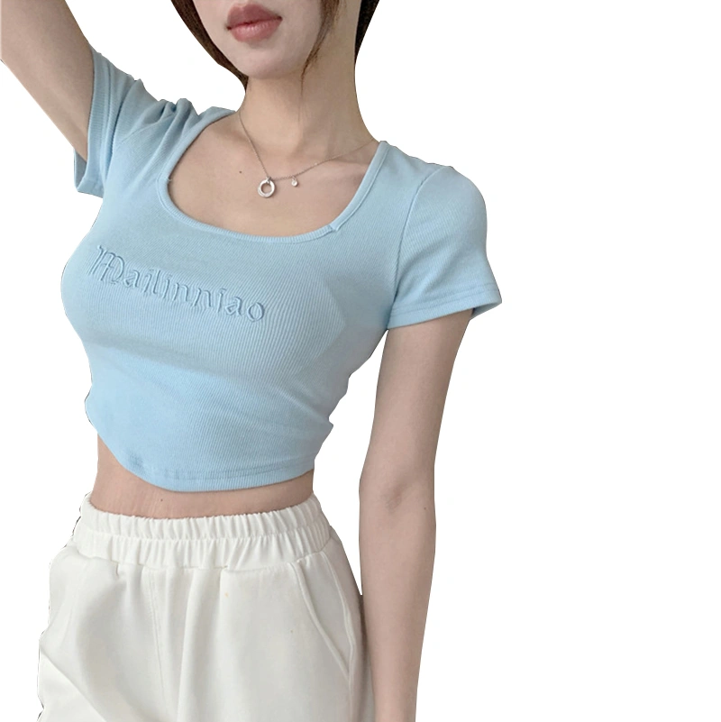 Women Letters Embroidery Pattern Square Collar Short Sleeve Crop Tops