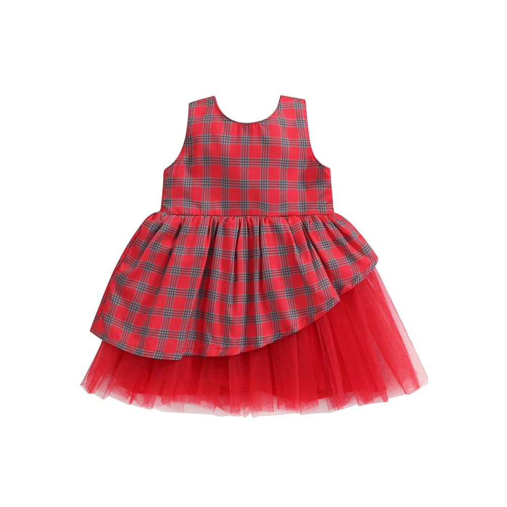 Kid Girl Sleeveless Dress with Plaid Print, Mesh Patchwork Costume