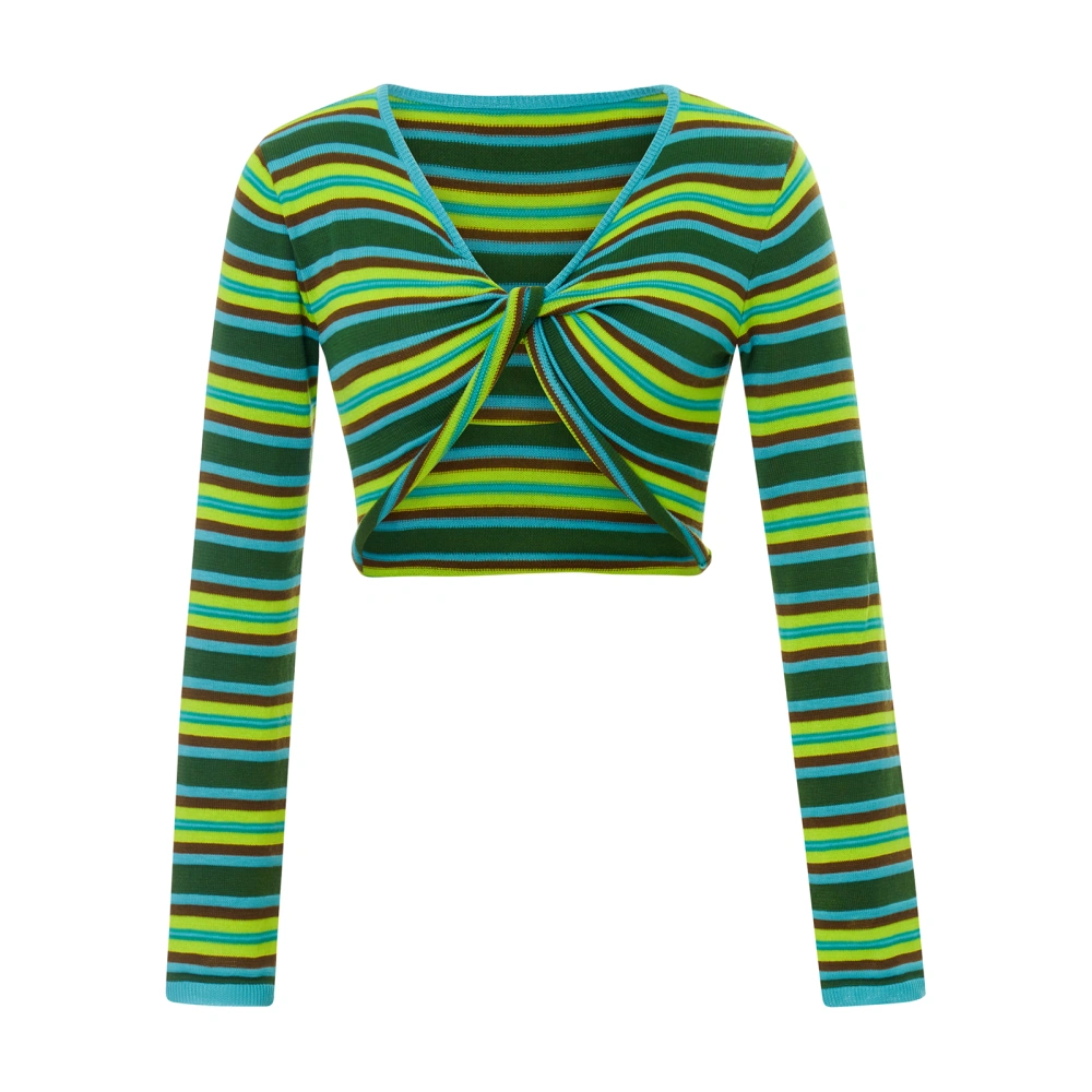 Women's Green Long Sleeve Deep V Neck Knotted Striped Knitwear Tops