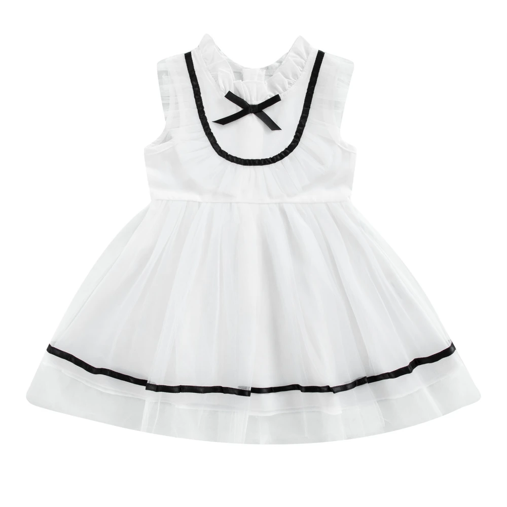 Contrast Color Bowknot Ruffled Collar Sleeveless Mesh Stitching Dress