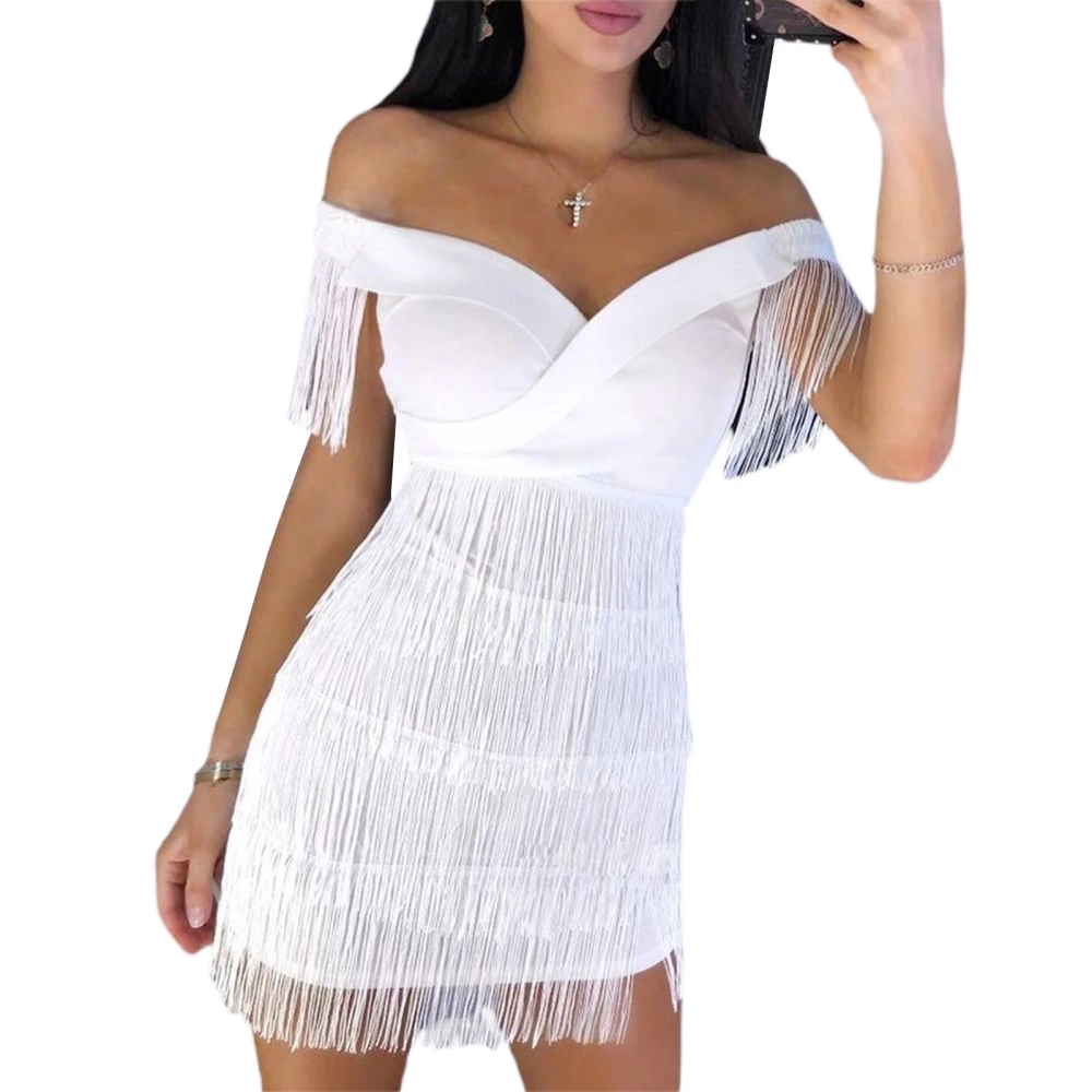 Women Bodycon Dress, Sleeveless Off-shoulder Tasseled Mini Dress