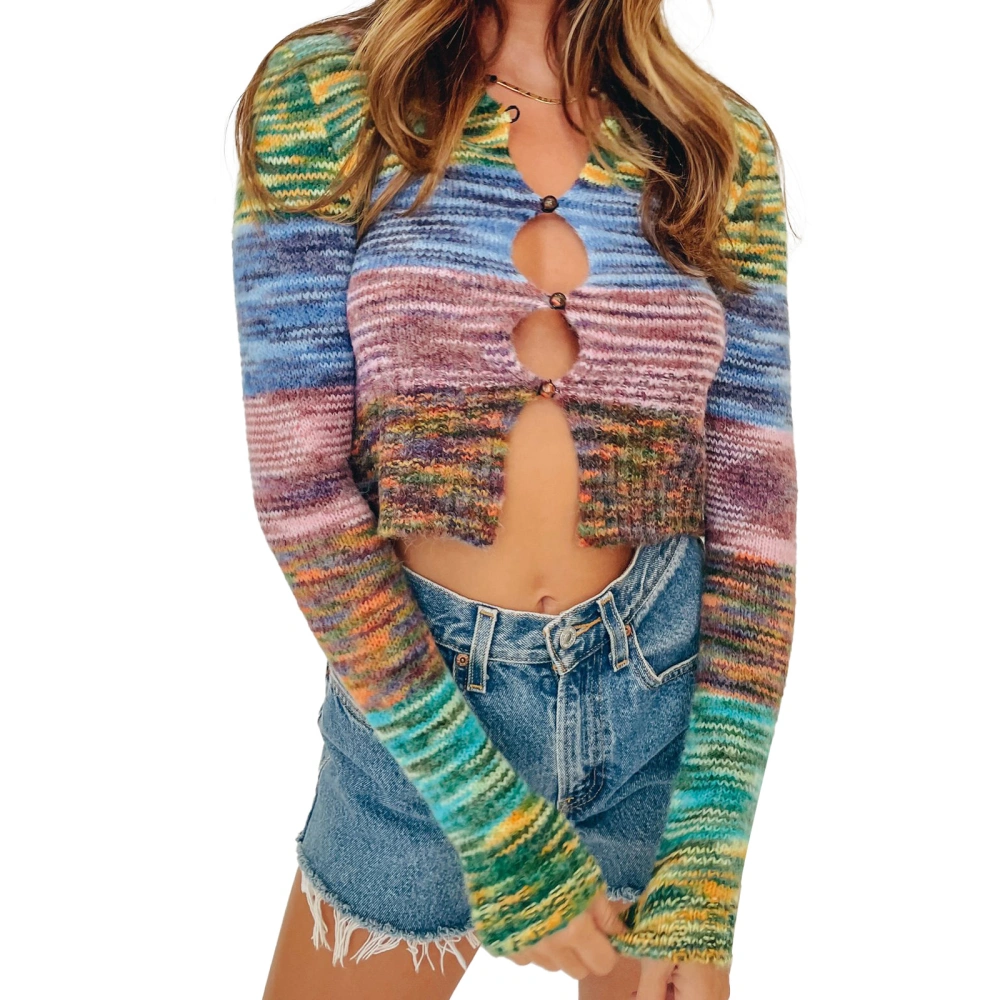 Women Short Cardigan, Long Sleeve Knit Tie-Dye Hollow Lapel Crop Shirt