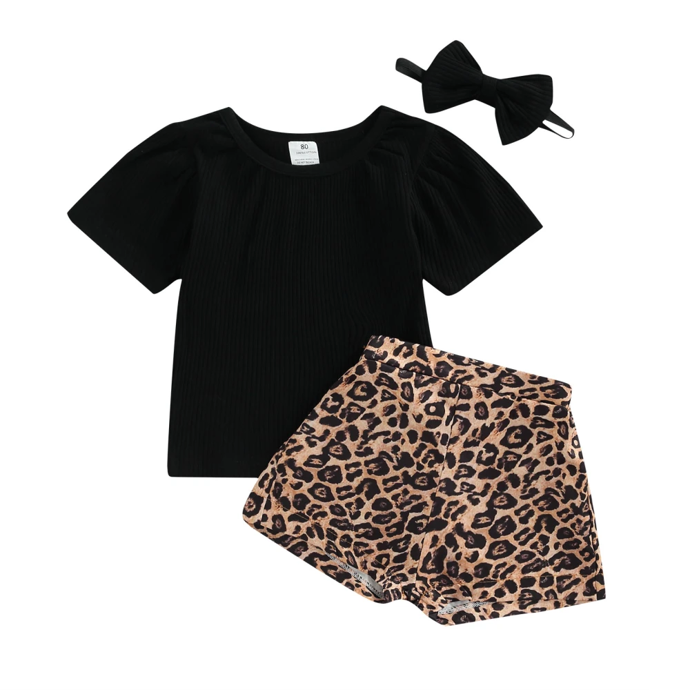 Girls Black Short Sleeve T-shirt + Leopard Print Shorts + Headband