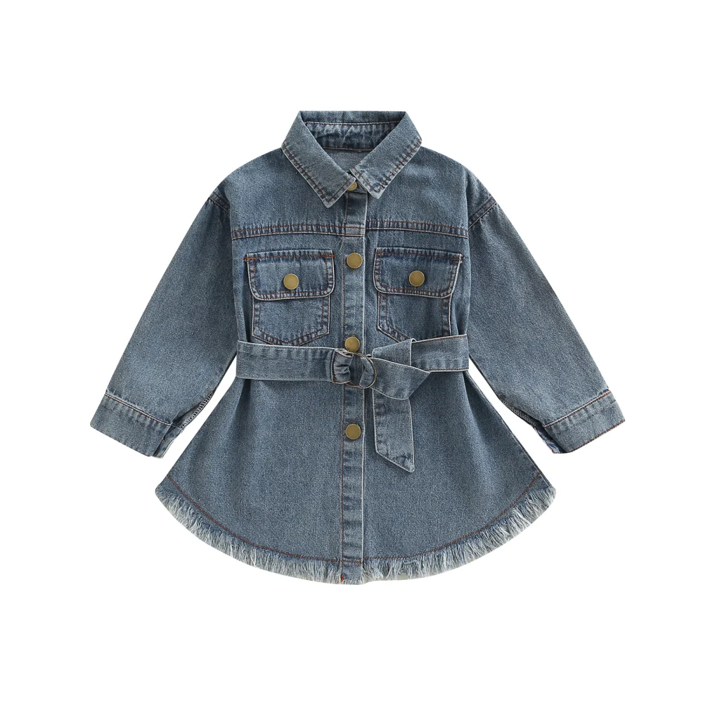 Girls Denim Dress and Waistband, Blue Single-breasted Collared Skirt