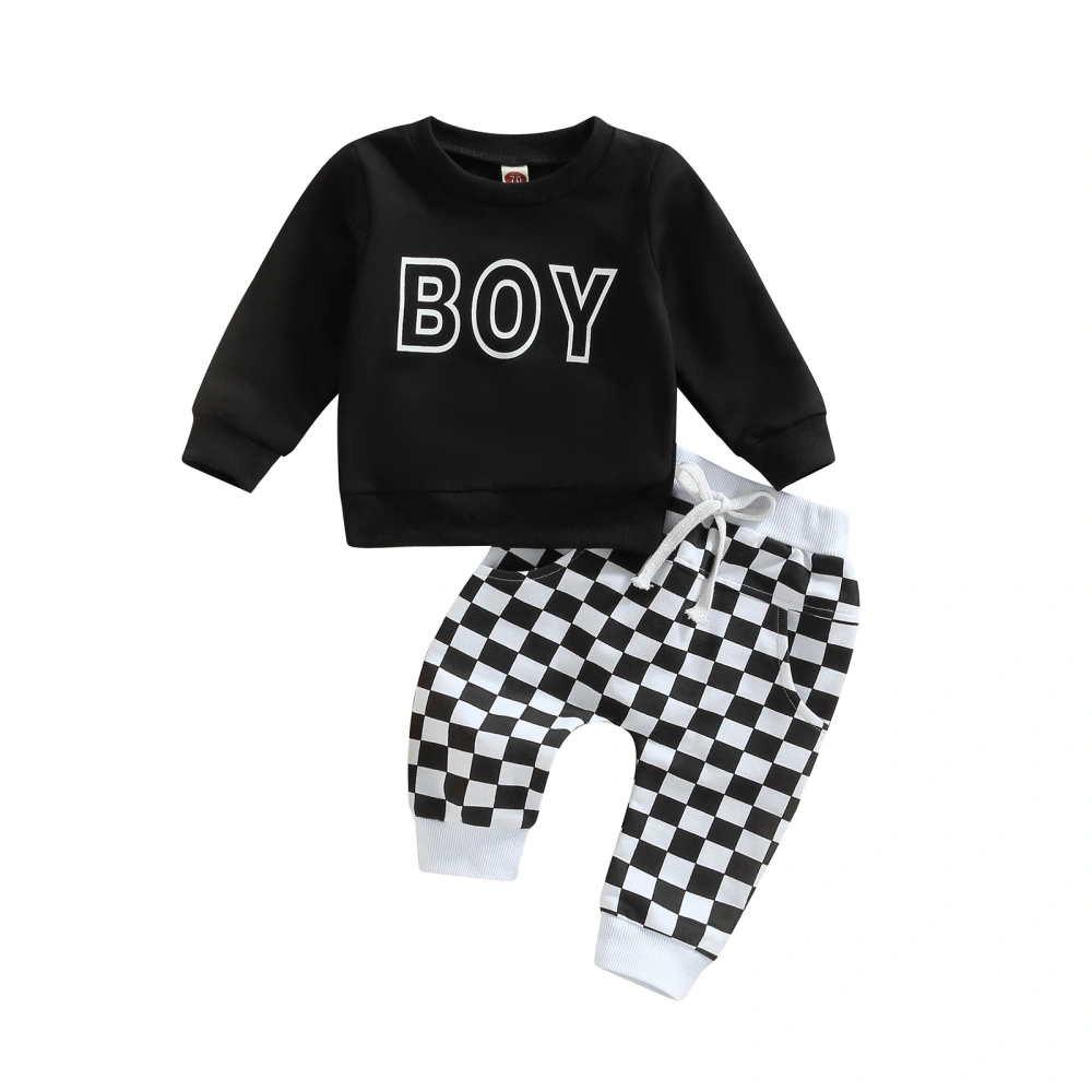 Infant Boy 2Pcs Set, Letter Print O-Neck Tops + Checkerboard Pants