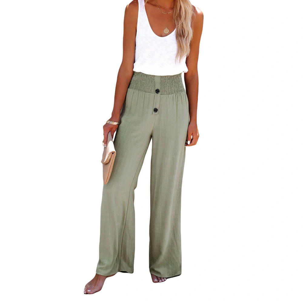 Women Loose Pants, Shirred Buttons High-Waisted Straight-Leg Trousers