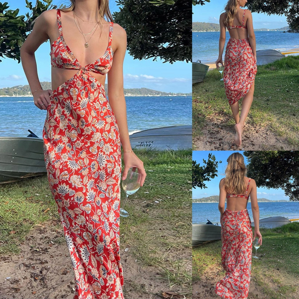 Women's Sling Long Dress, Floral Cutout Backless Ring Connect Dress