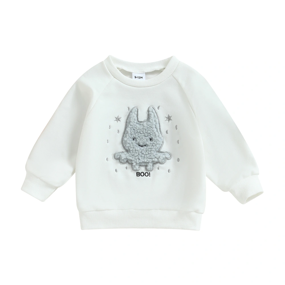 Baby Girls Halloween White Long Sleeve Ghost Embroidery Pullover