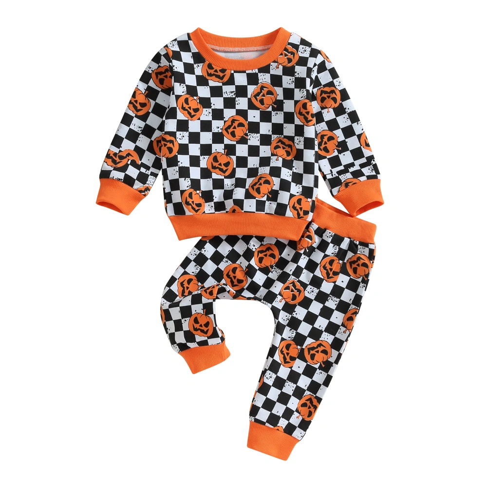 Boys Long Sleeve Crewneck Pullover and Pumpkin Plaid Print Pants Sets