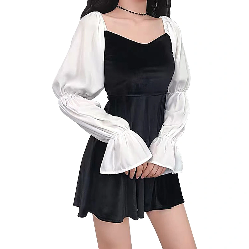 Female A-Line Dress, Square Neck Long Sleeve Stitching One-Piece