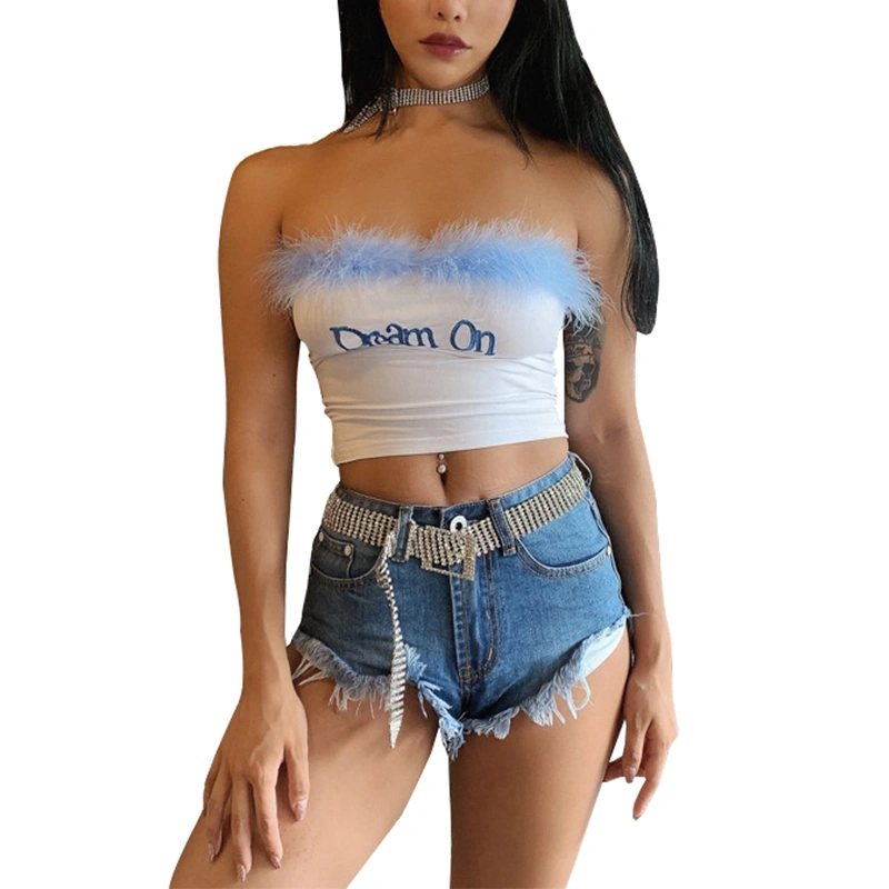 Women’s Fashion Letter Embroidery Exposed Navel Furry Edge Tube Tops