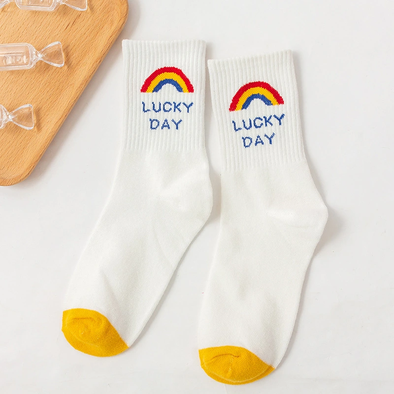 Adults Cotton Socks, Rainbow/ Smiling Face Print Medium Tube Socks