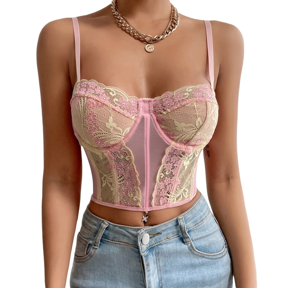 Women Tummy Control Tops, Lace Embroidery Spaghetti Strap Crop Tops